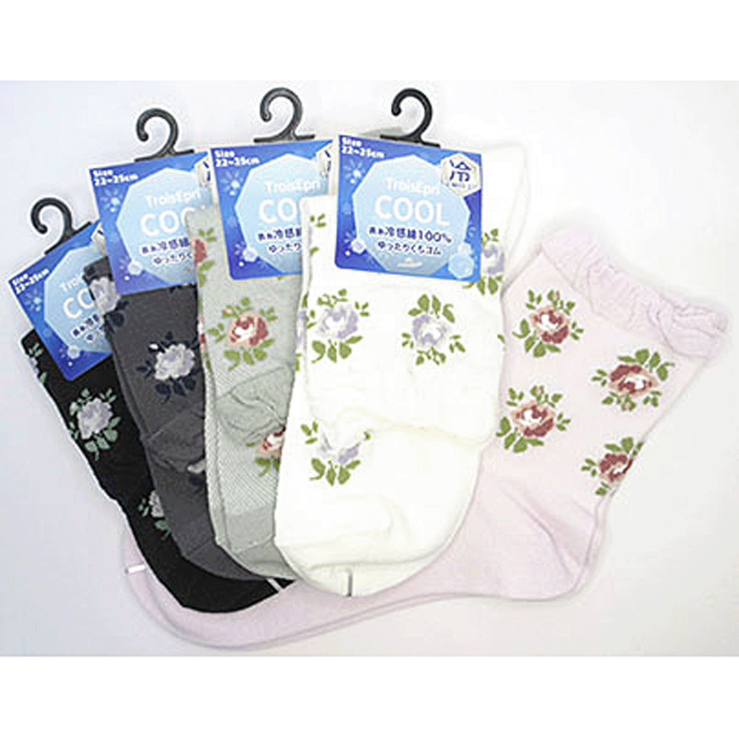 クルーソックス 冷感 総メッシュ バラ柄 - 画像1