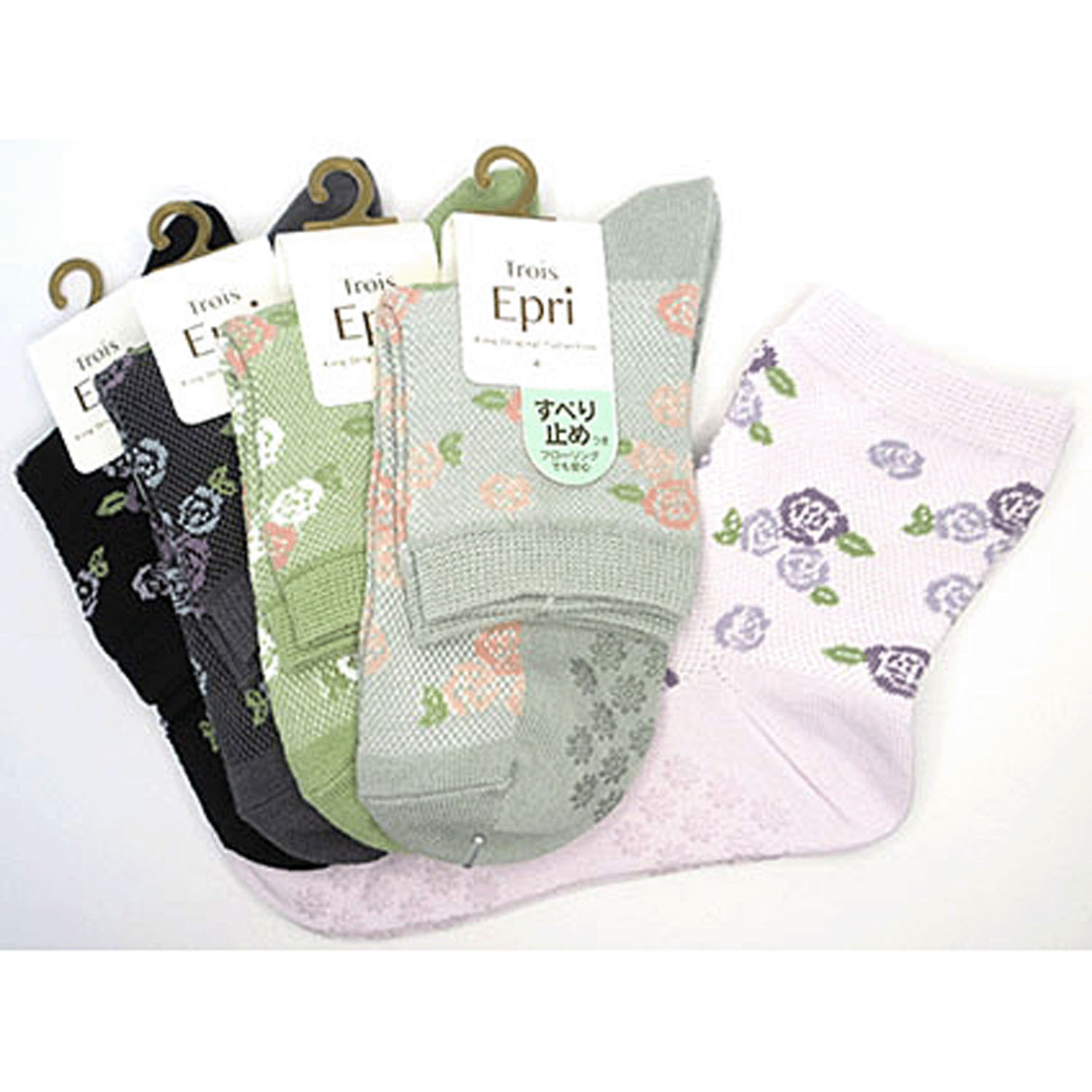 クルーソックス バラ柄 滑り止め付き - 画像1