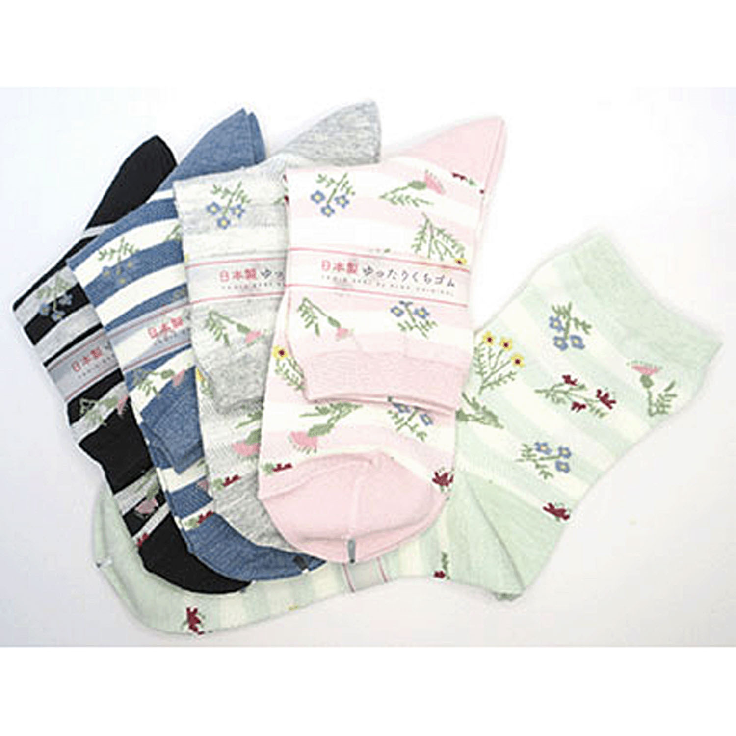 クルーソックス 総メッシュ ボーダー花柄 - 画像1