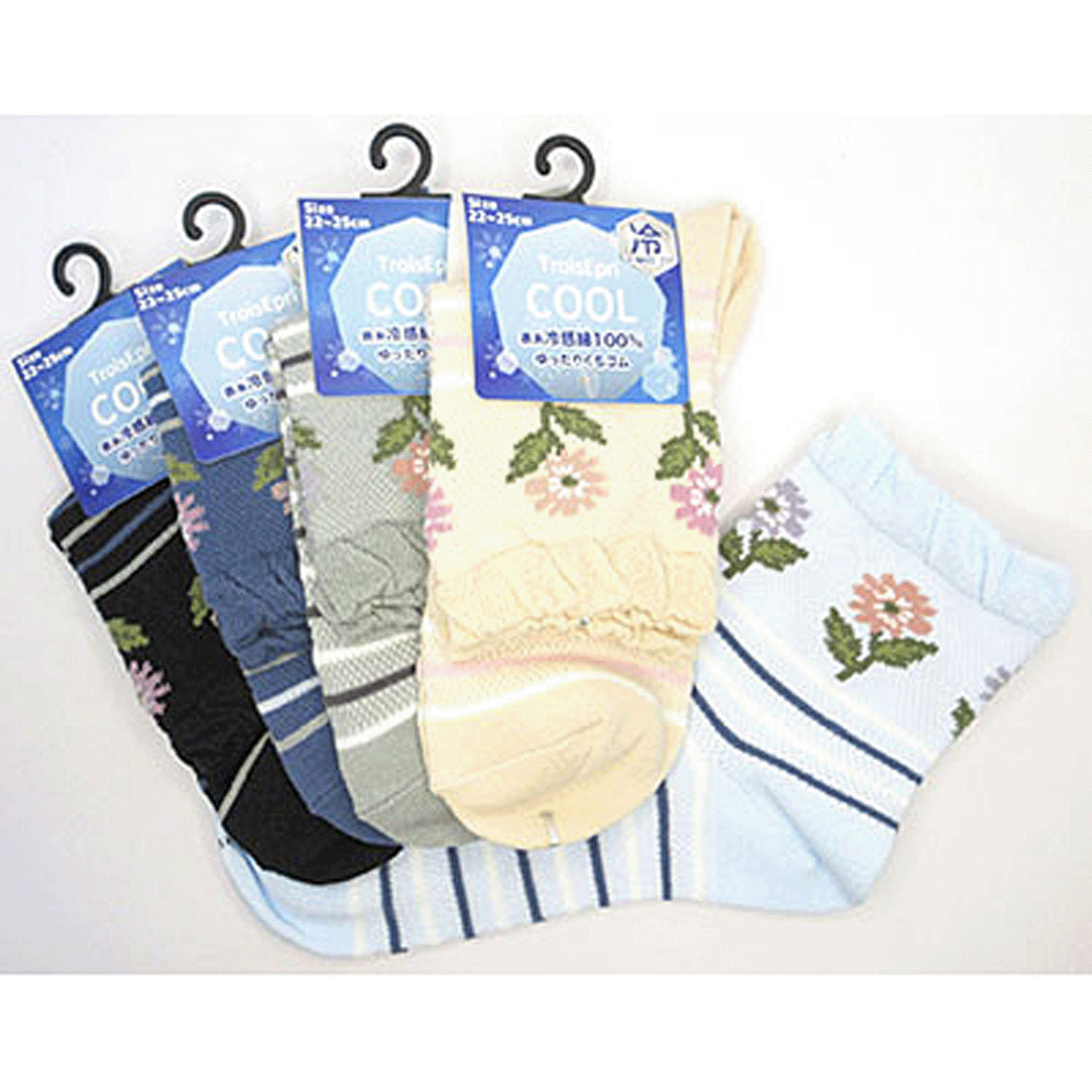 クルーソックス 総メッシュ 足首花柄＋ボーダー - 画像1