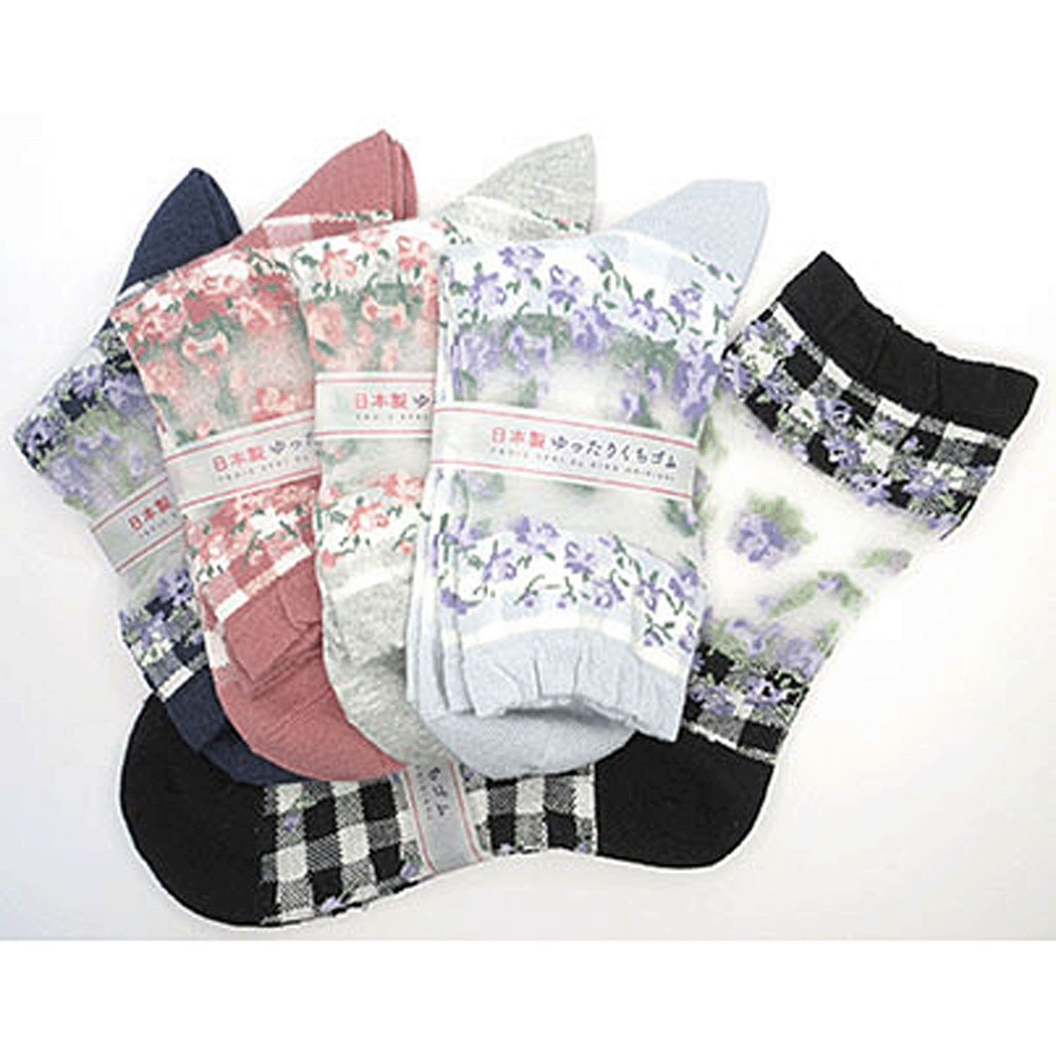 クルーソックス 足首テグス チェックと薔薇柄 - 画像1