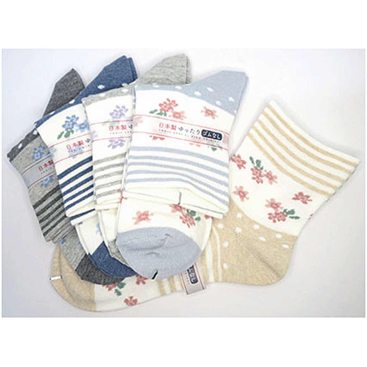 クルーソックス 小寸（21－23cm） ボーダー花柄ドット - 画像1