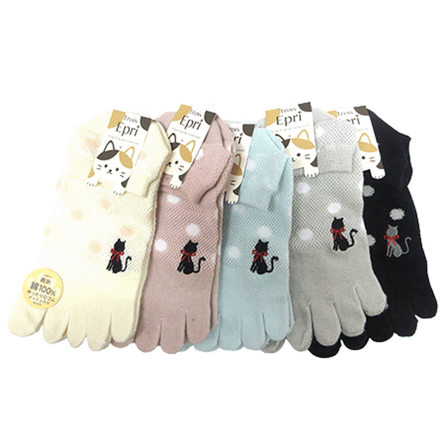 5本指 総メッシュ ドット＆猫刺繍入り - 画像1