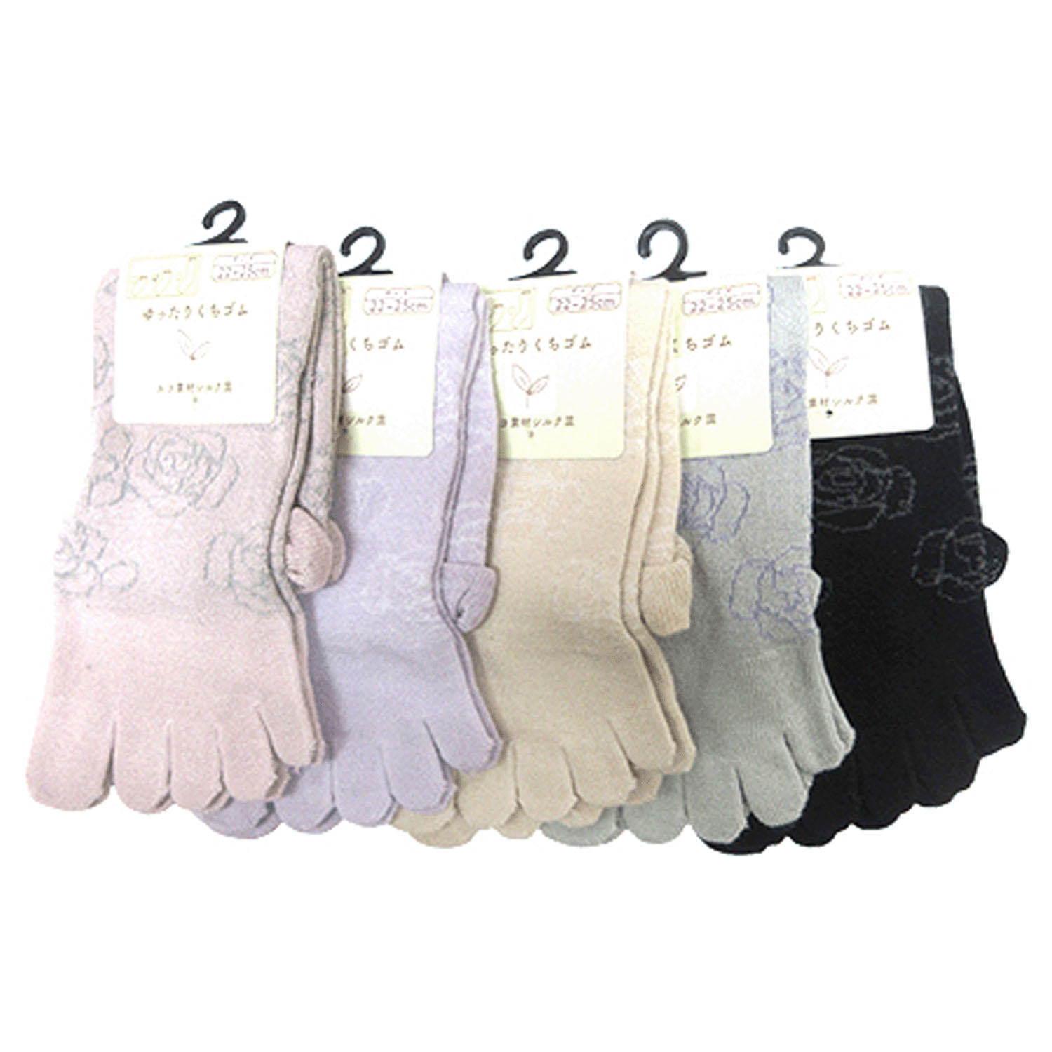 クルー丈 5本指 シルク混 スパイラル薔薇柄 - 画像1