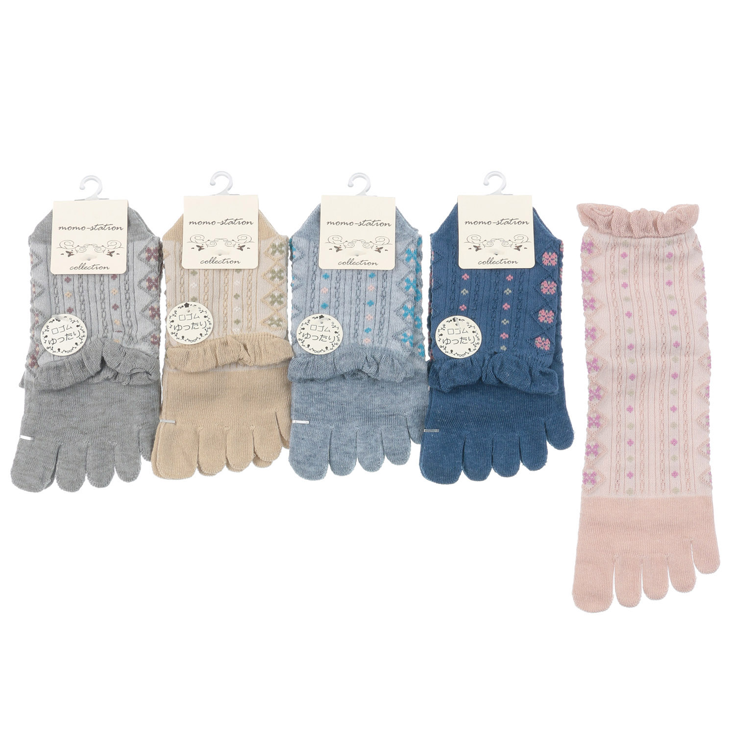 5本指 クルー スパイラル編み 小花柄 - 画像1