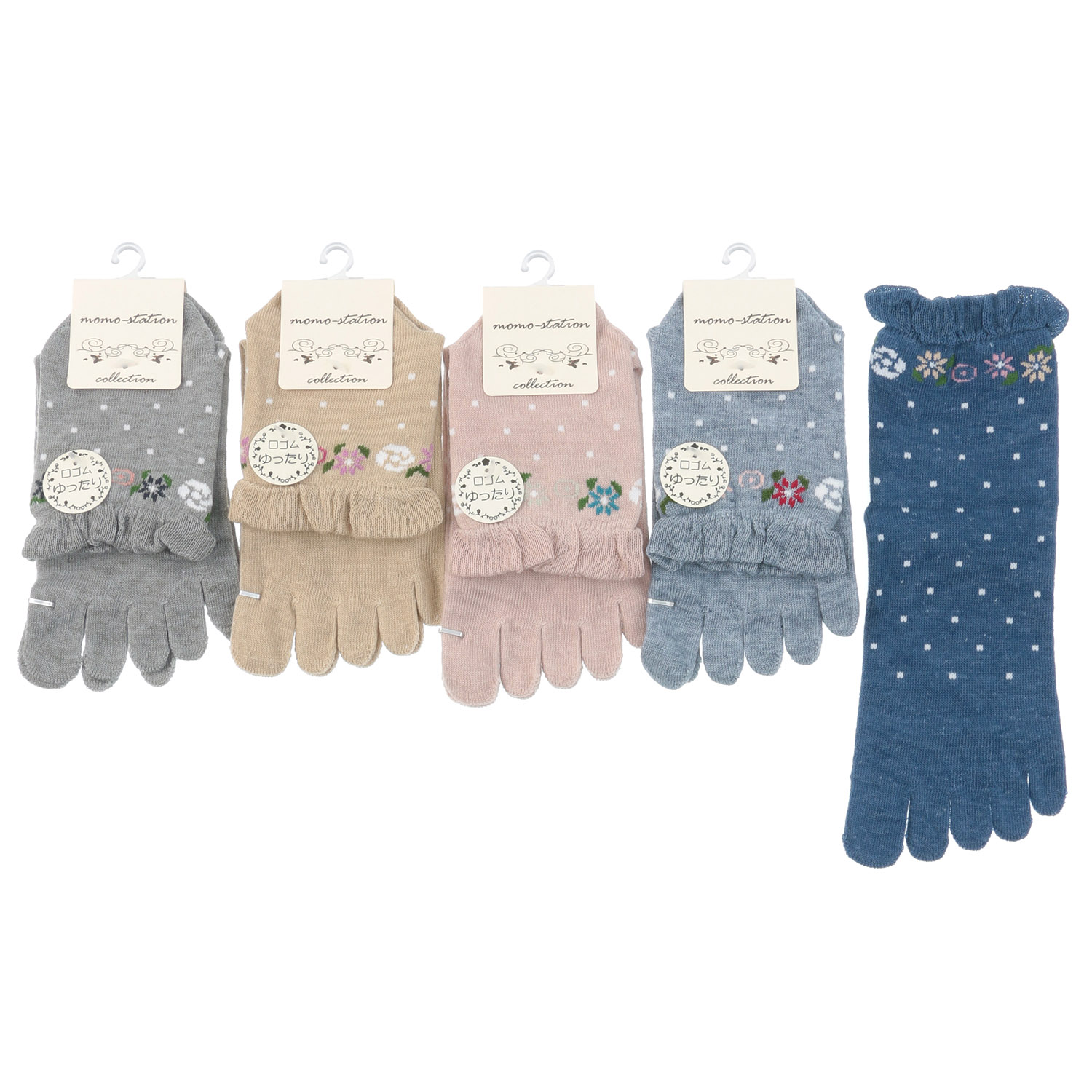 5本指 クルー 花ドット 靴下 - 画像1