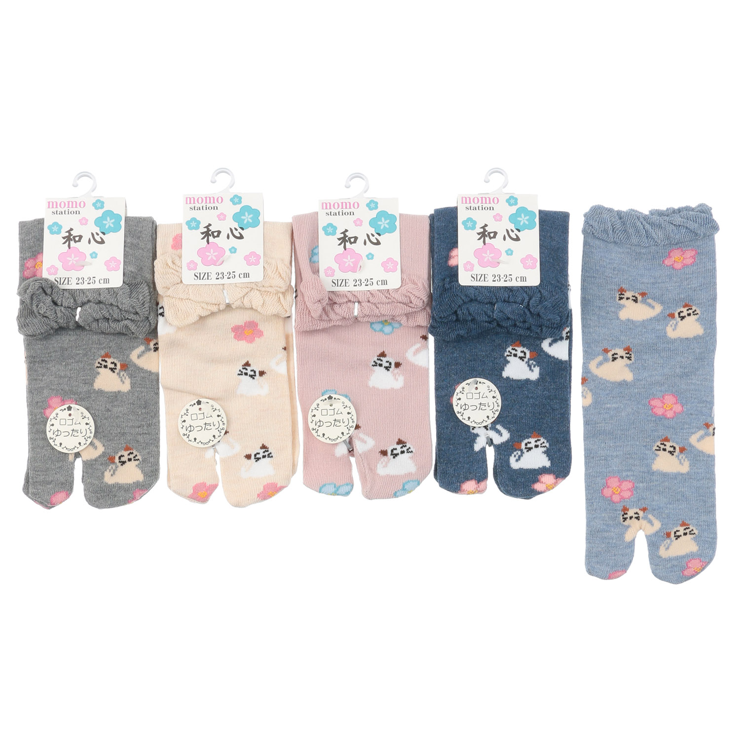 足袋 クルー 花と猫 靴下 - 画像1