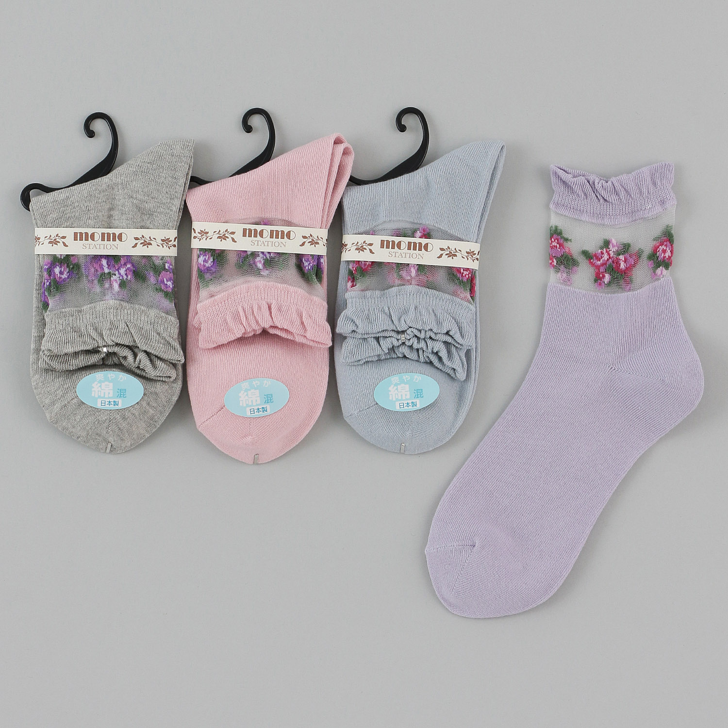 クルー丈 シースルーソックス花束柄 靴下 - 画像1