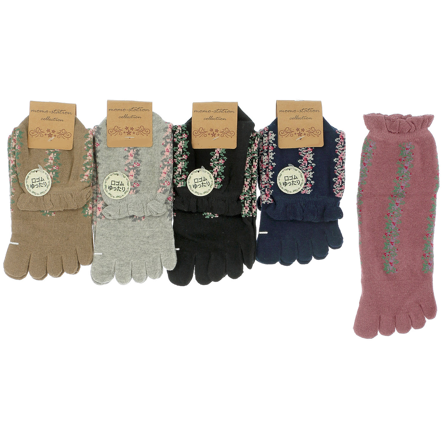 クルー丈 5本指  縦花 靴下【在庫限り】 - 画像1