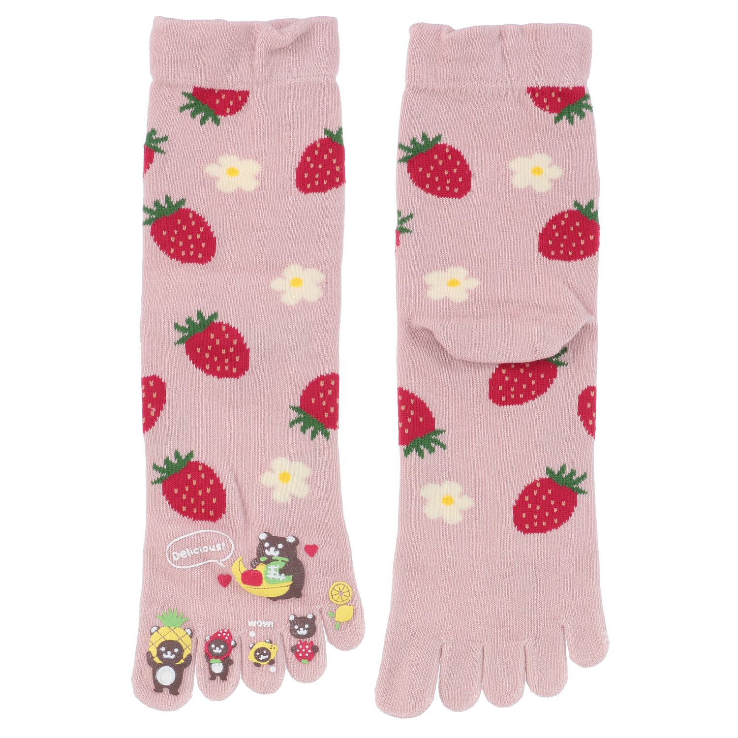 PLUS VANILLA クルー丈 5本指 フルーツ大好きクマラバー付 イチゴ柄【在庫限り】 - 画像2