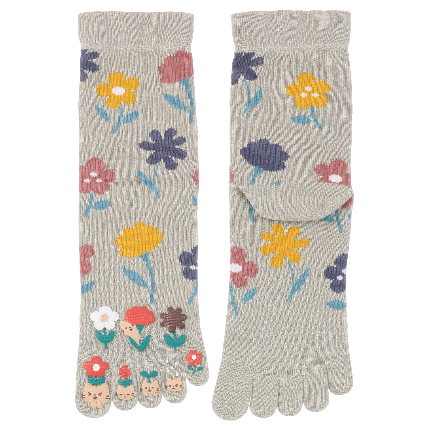 PLUS VANILLA クルー丈 5本指 お花とねこラバー付き ボタニカル柄【在庫限り】 - 画像2