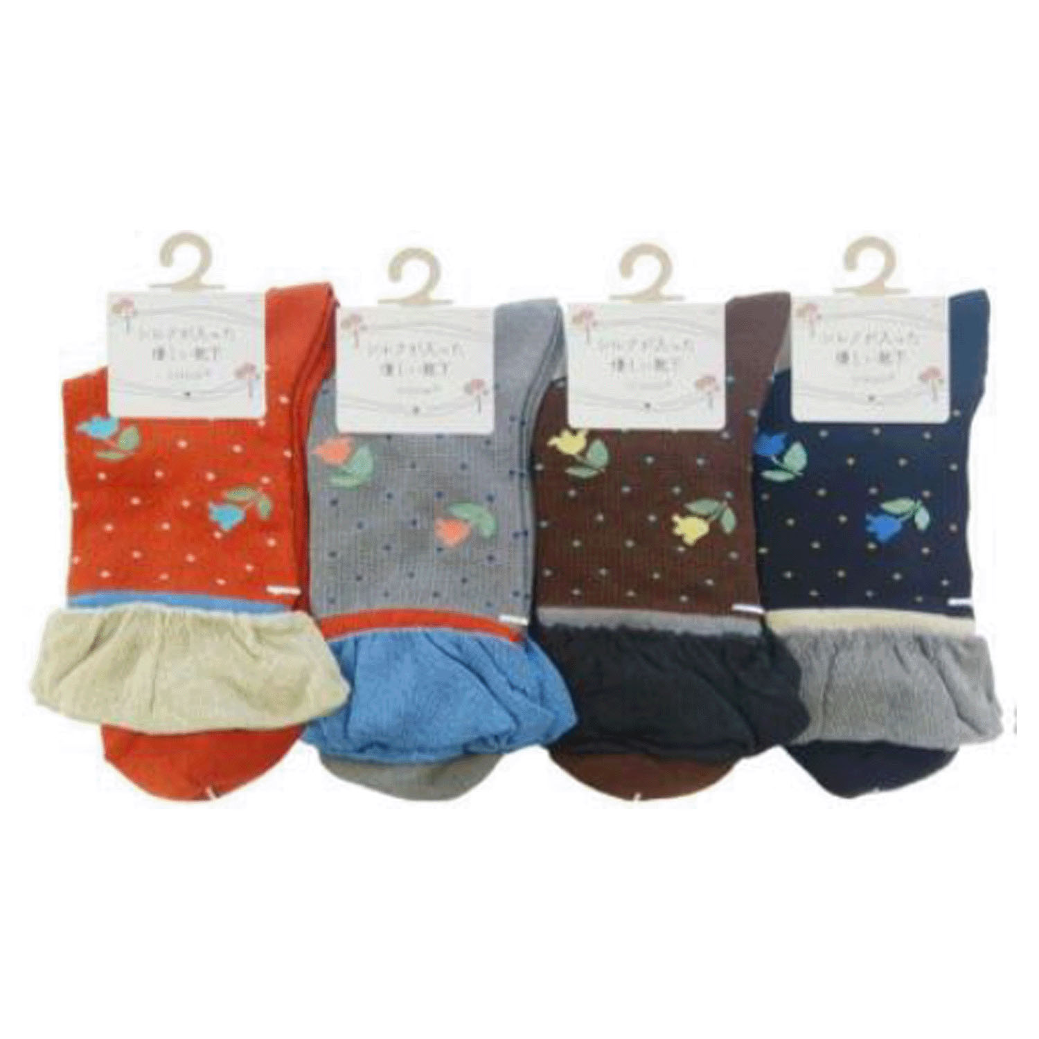 STREAM クルー丈 シルクの入った優しい靴下 ドット×チューリップ柄【在庫限り】 - 画像1