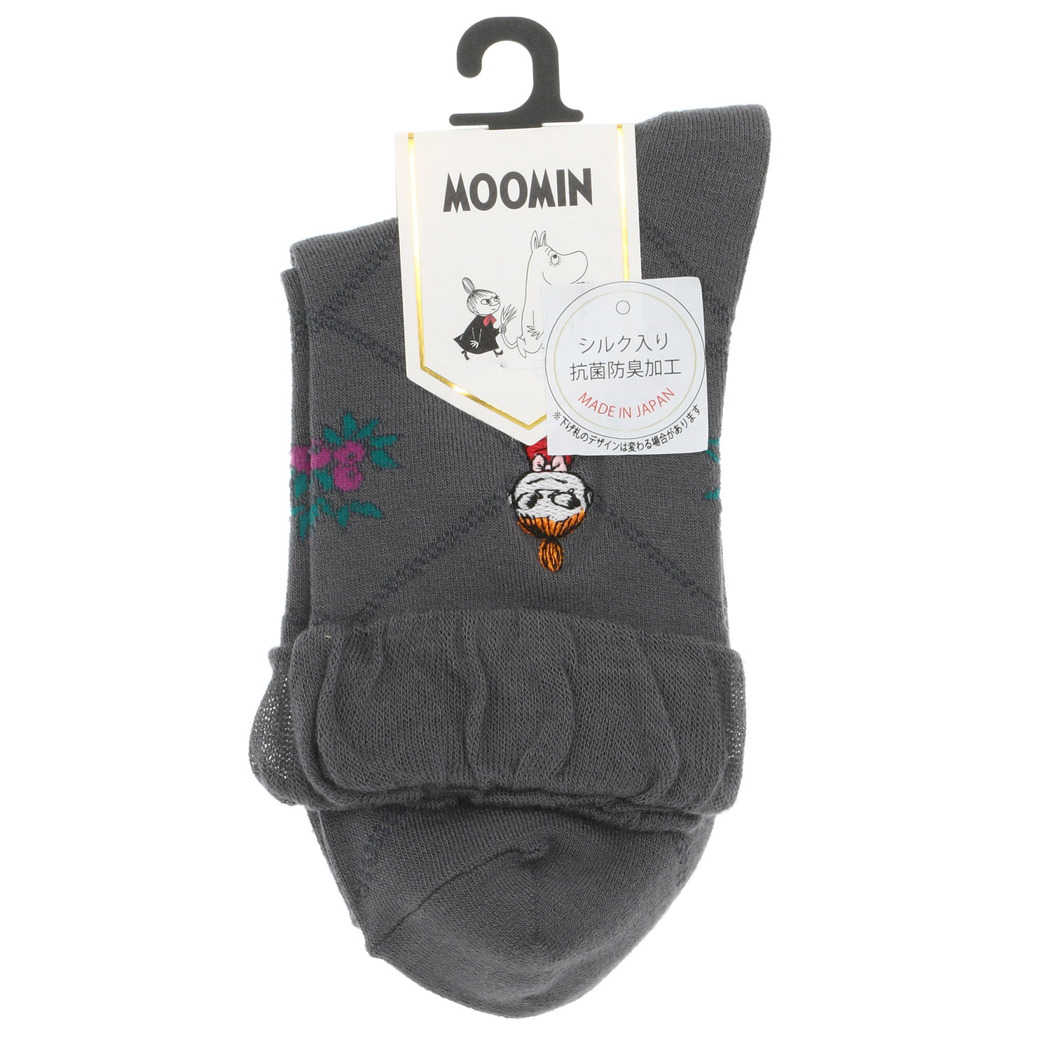 日本製 MOOMINロークルーソックス シルク入りダイヤ小花 ミイ刺繍【在庫限り】 - 画像2
