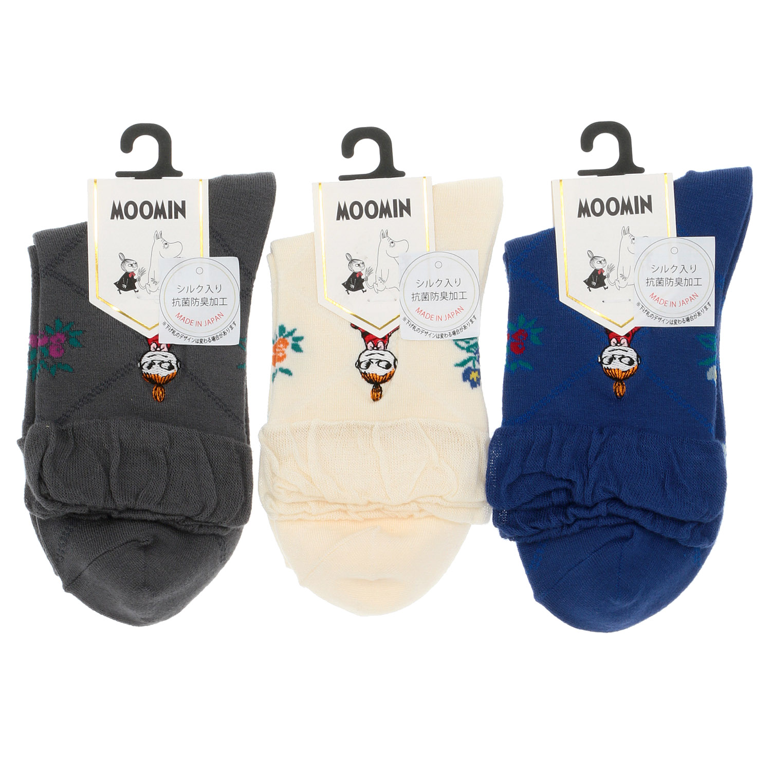 日本製 MOOMINロークルーソックス シルク入りダイヤ小花 ミイ刺繍【在庫限り】 - 画像1