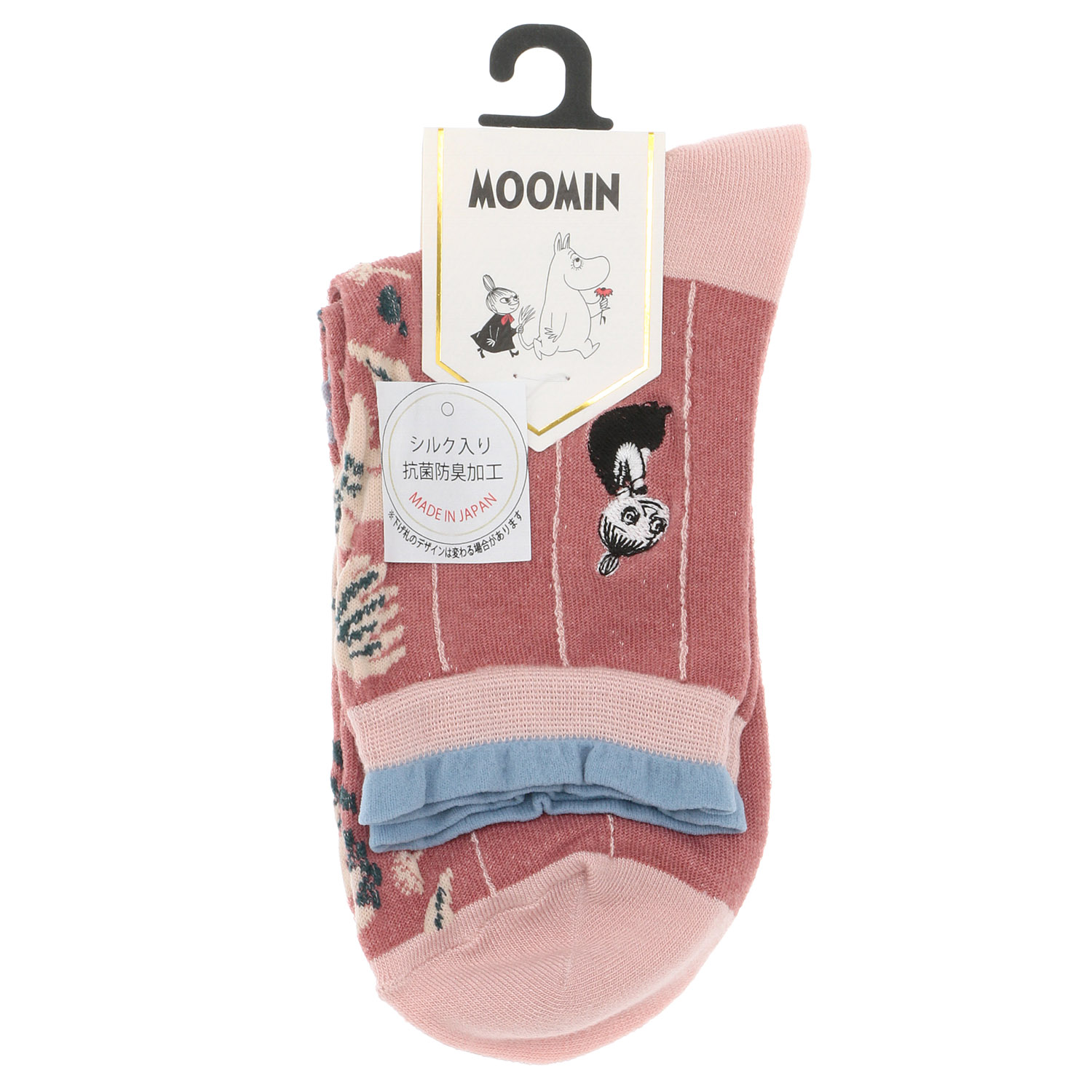 日本製 MOOMINロークルーソックス シルク入り 逆スパセンター花 ミムラ刺繍 - 画像3