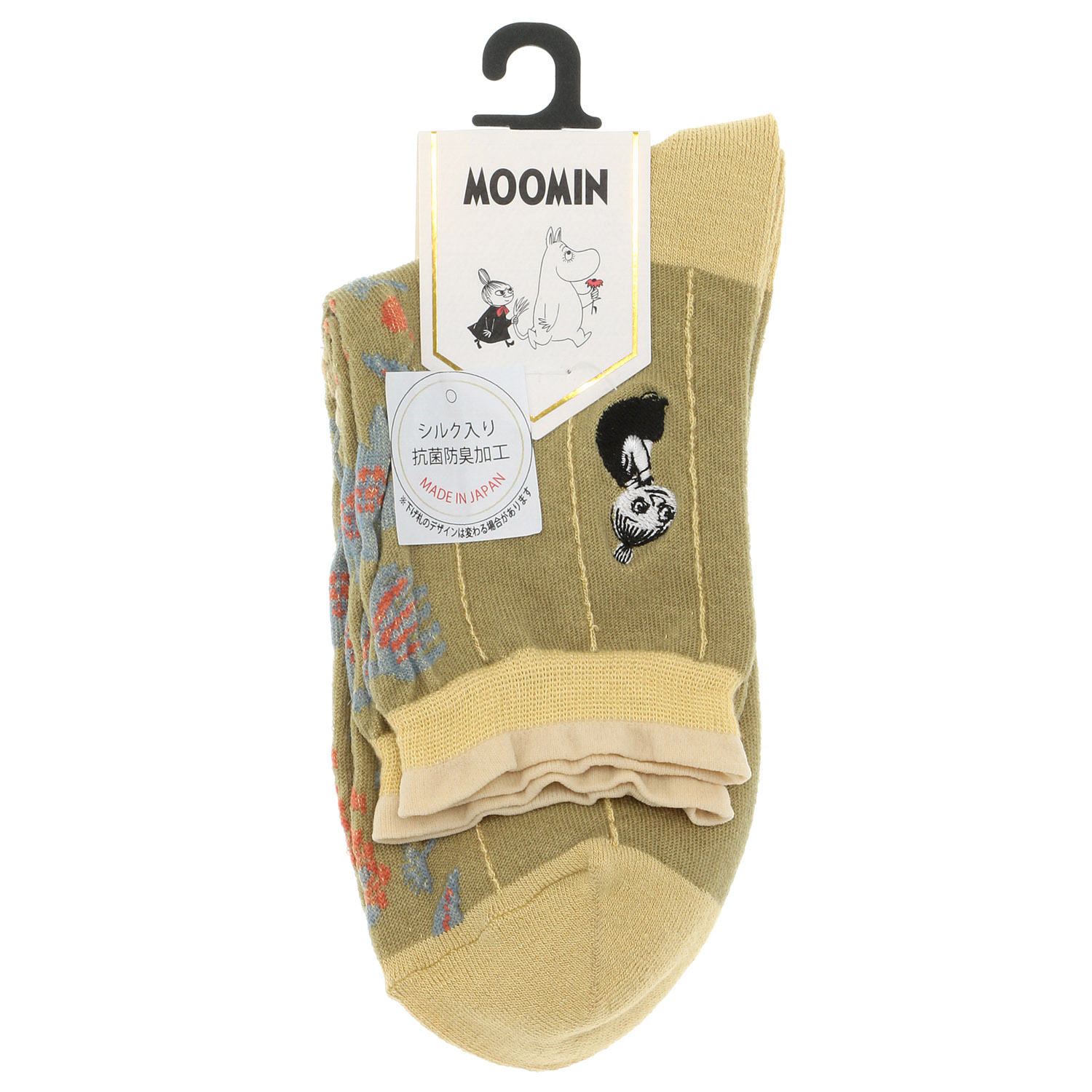 日本製 MOOMINロークルーソックス シルク入り 逆スパセンター花 ミムラ刺繍 - 画像5