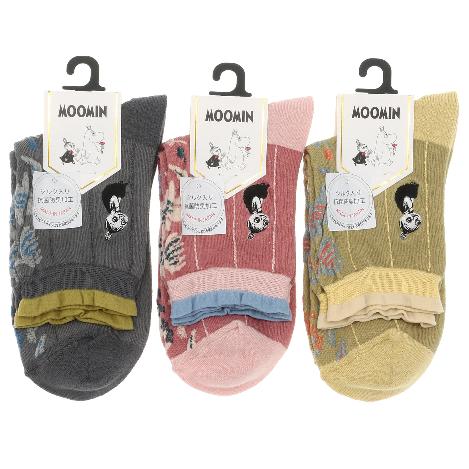 日本製 MOOMINロークルーソックス シルク入り 逆スパセンター花 ミムラ刺繍