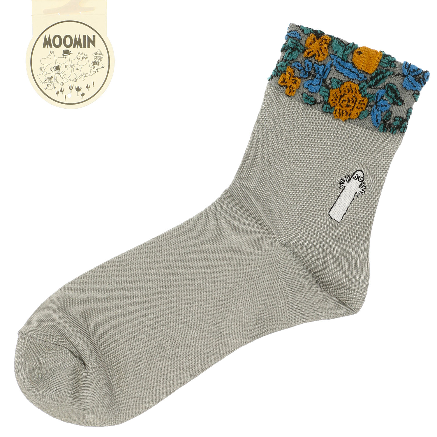 MOOMIN ロークルーソックス ゴム口逆スパ 花柄＋ニョロニョロ刺繍