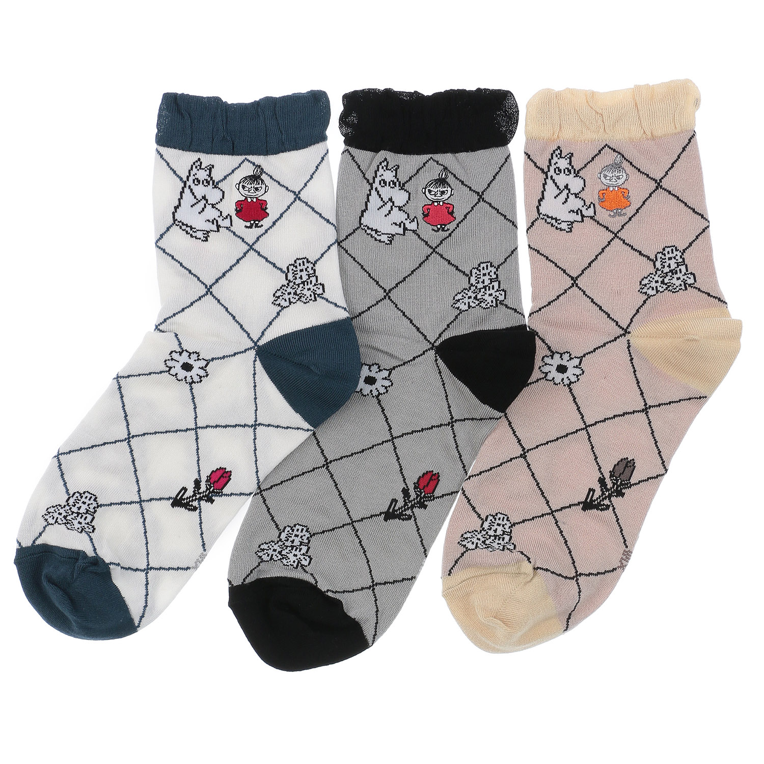 MOOMIN 冷感ロークルーソックス 格子柄ミイ刺繍 - 画像1