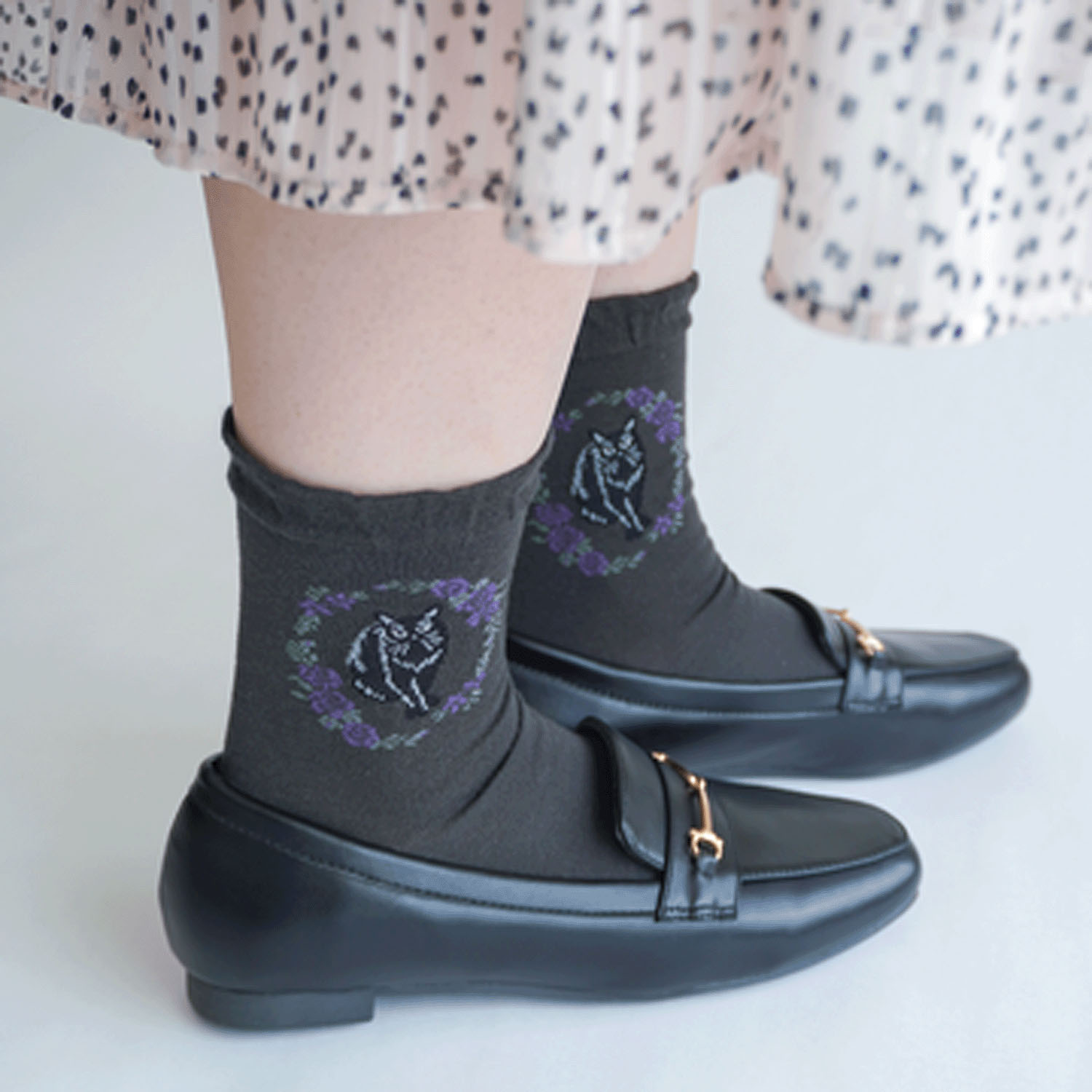 クルー丈 猫ソックス お花と猫 - 画像4