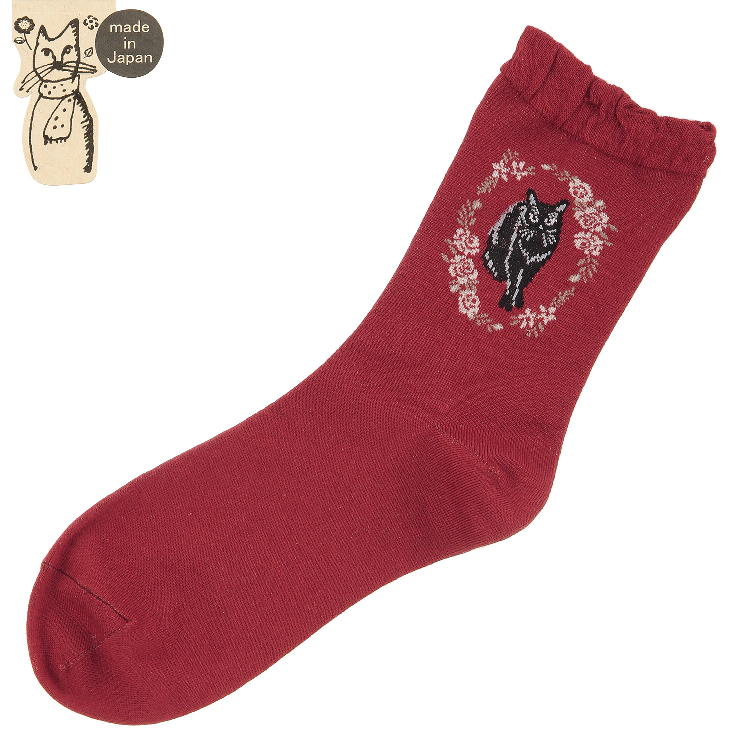 クルー丈 猫ソックス お花と猫 - 画像5