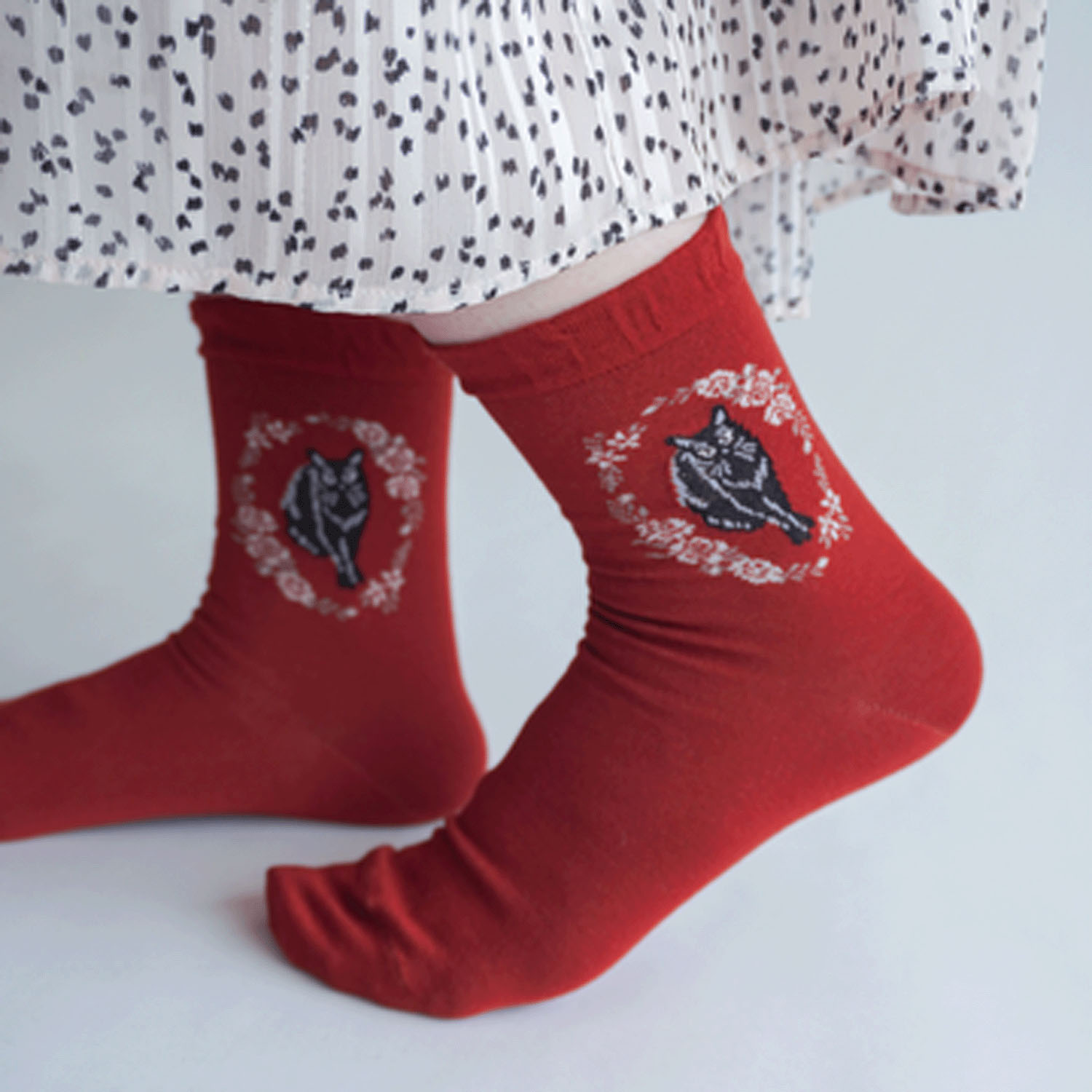 クルー丈 猫ソックス お花と猫 - 画像6