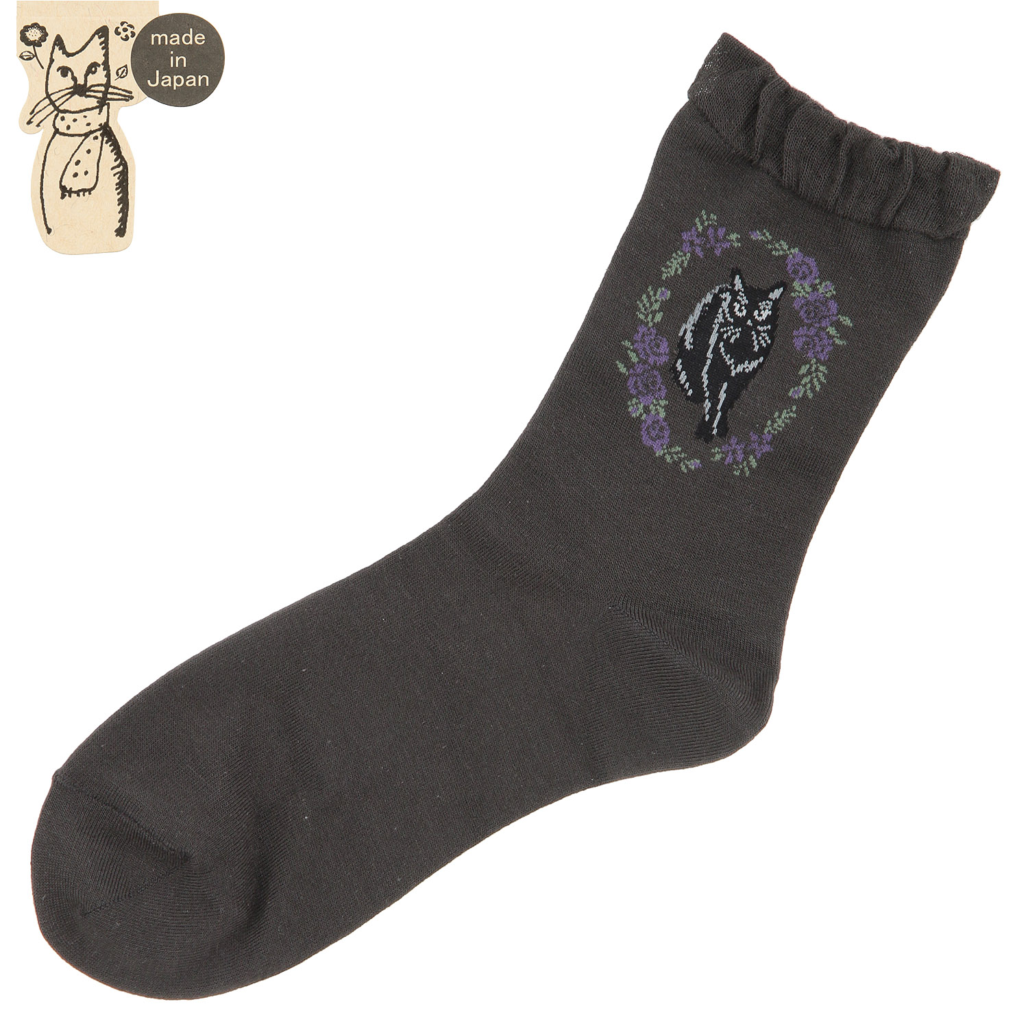 クルー丈 猫ソックス お花と猫【在庫限り】 - 画像1