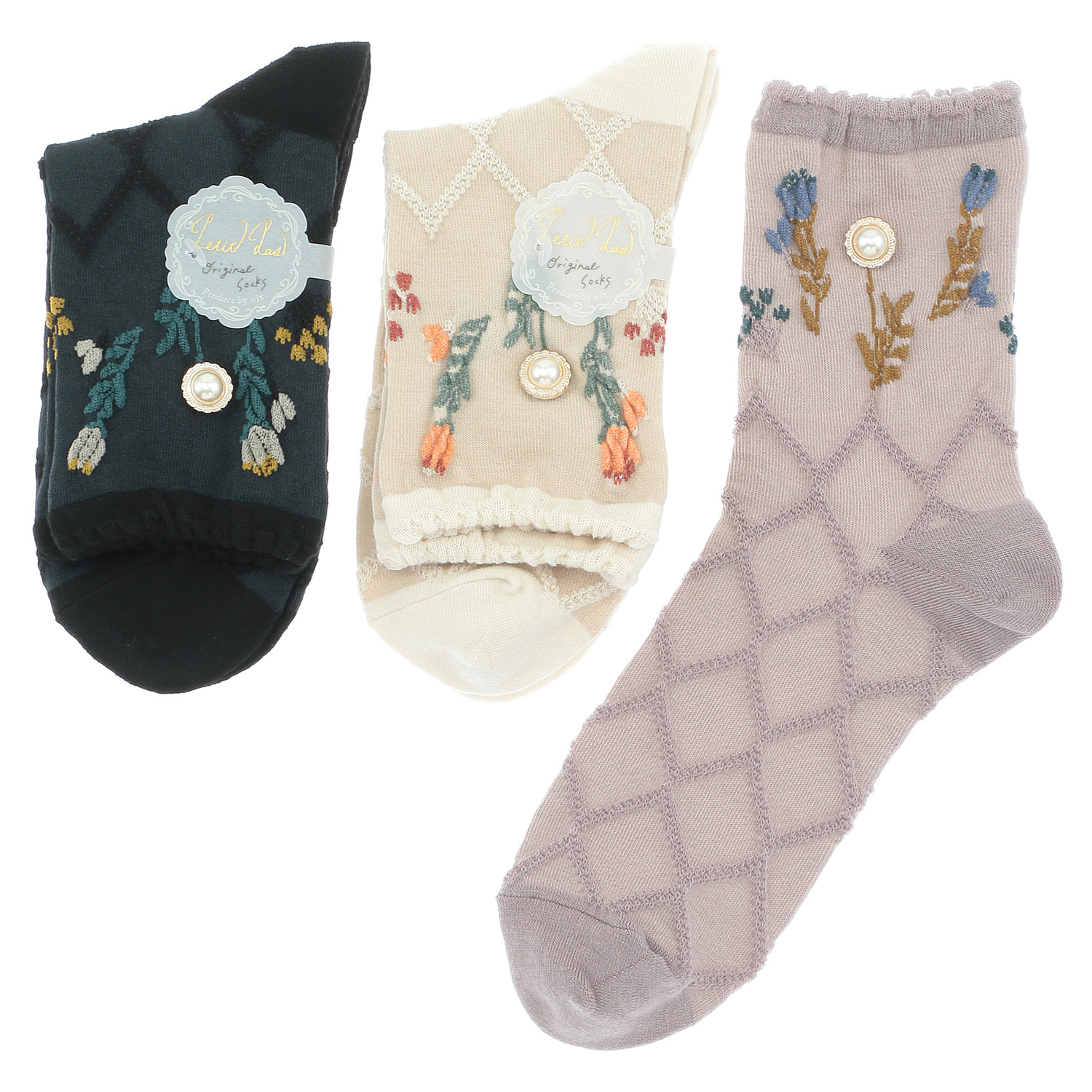 プティパ ロークルー丈 足首フラワー ビジュー付き 靴下【在庫限り】 - 画像1