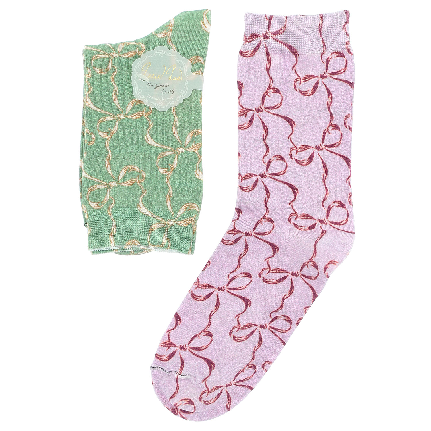 プティパ クルー丈 表綿100％ プリント  リボン柄 靴下【在庫限り】 - 画像1