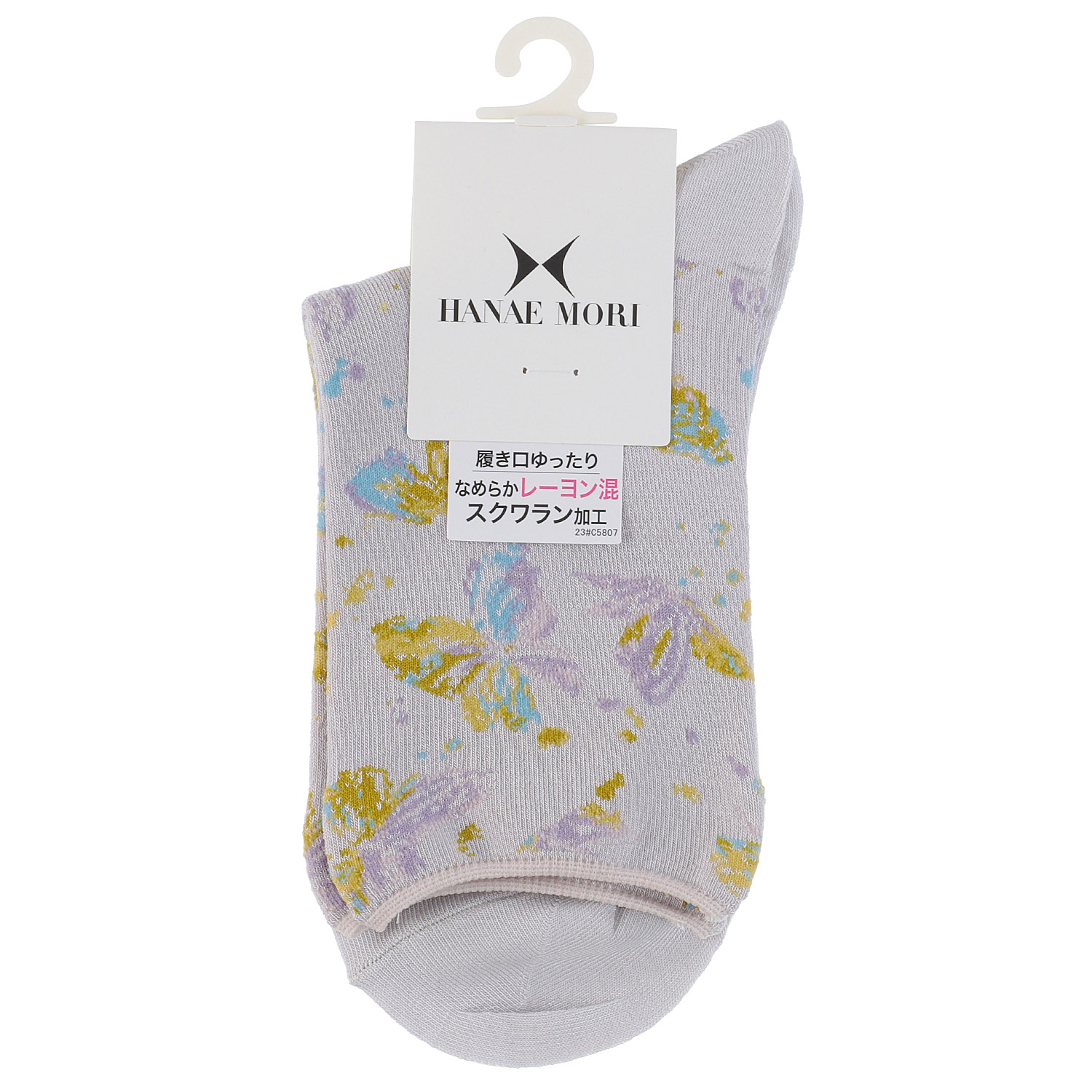 ハナエモリ クルー丈ソックス バタフライ総柄 なめらかレーヨン混 - 画像2