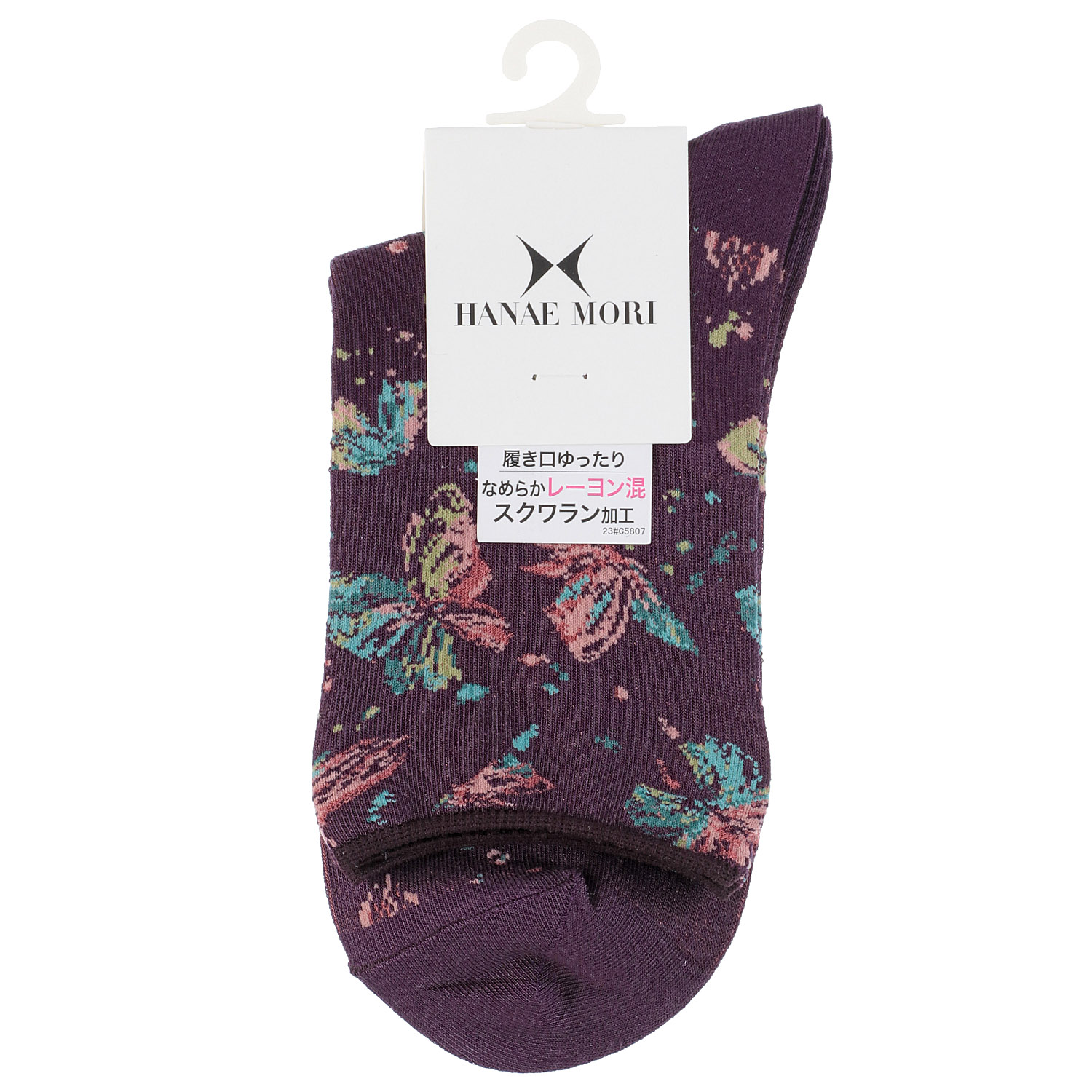 ハナエモリ クルー丈ソックス バタフライ総柄 なめらかレーヨン混 - 画像4
