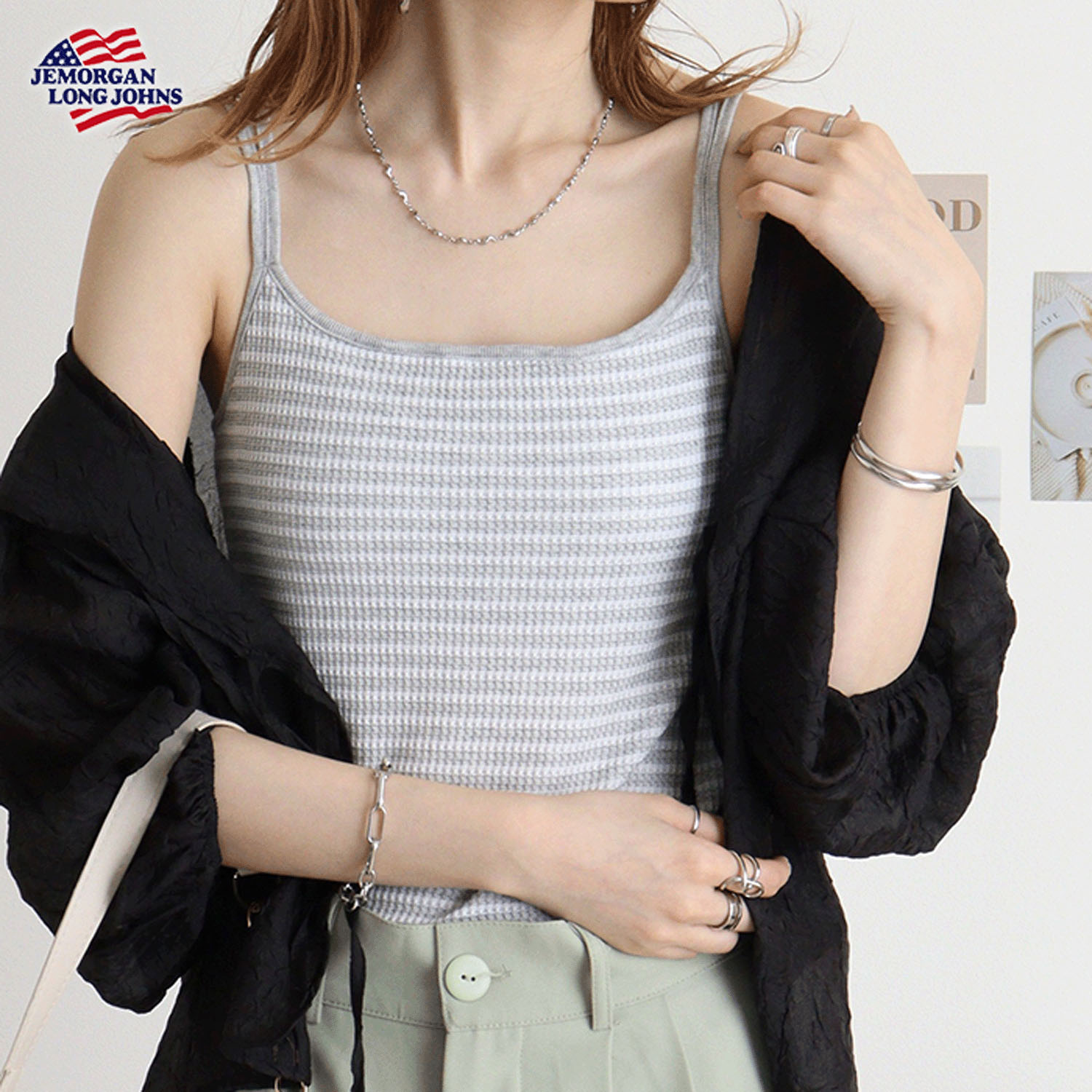 【JEMORGAN LONG JOHNS】 ボーダーワッフルカップ付きキャミソール - 画像1