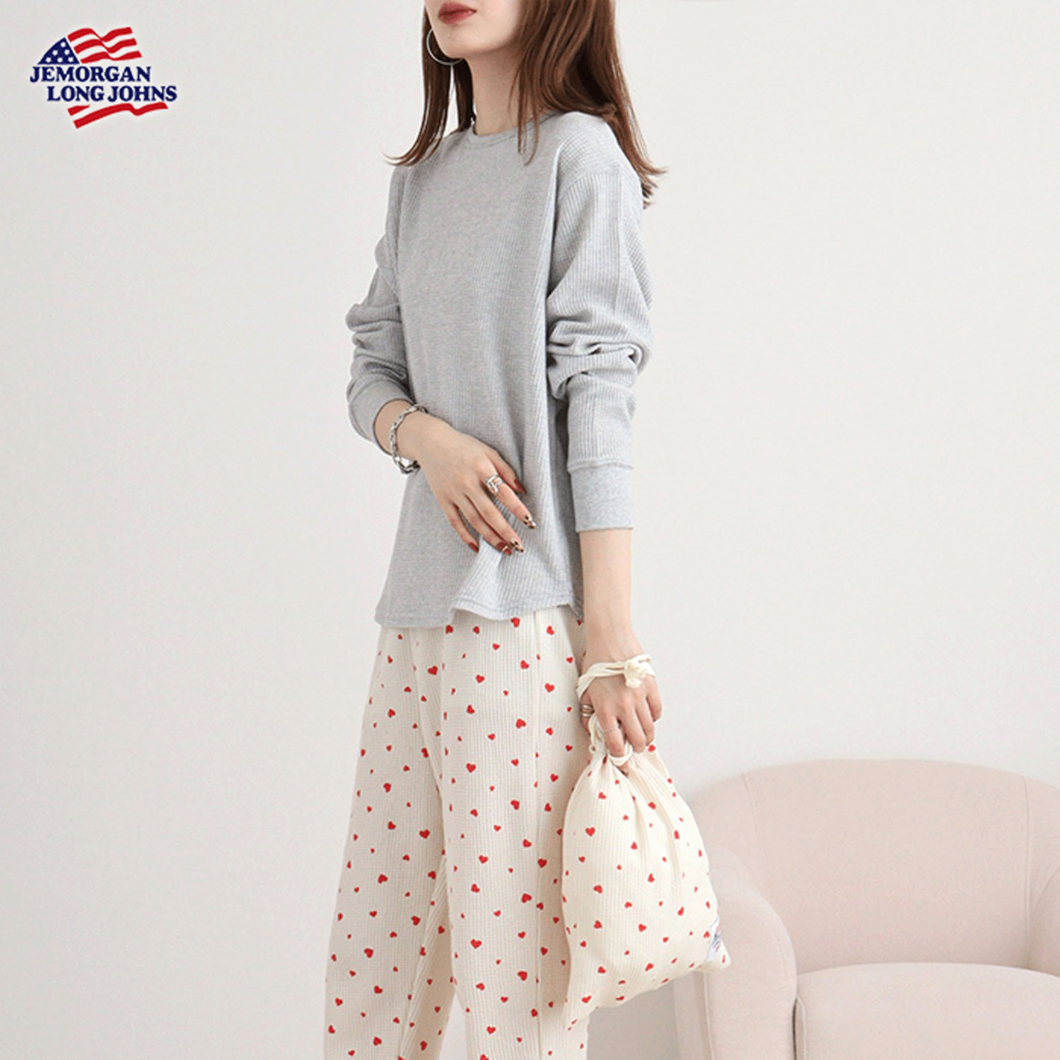 【JEMORGAN LONG JOHNS】ハート柄ワッフルルームウェア3点セット - 画像12