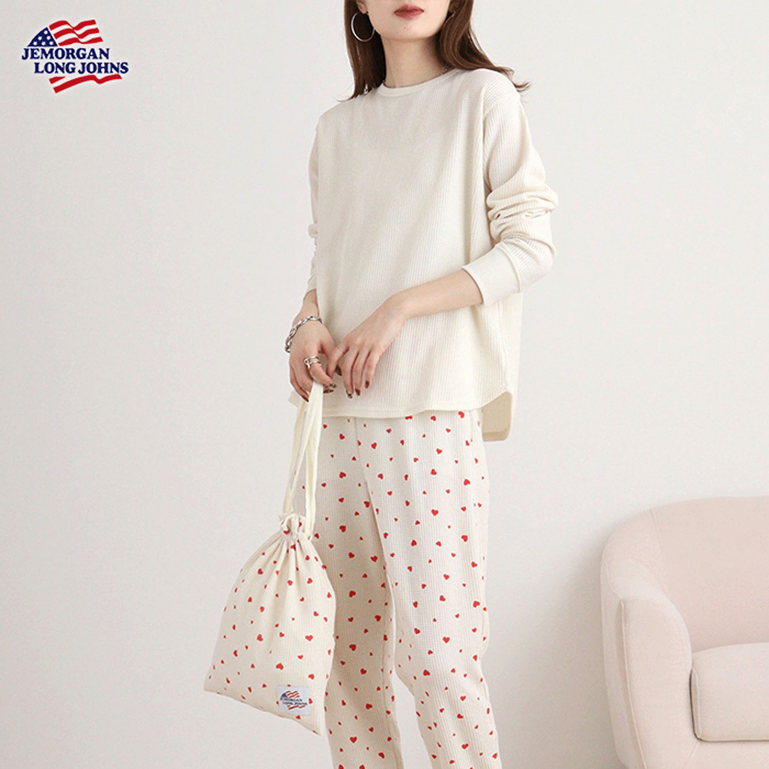 【JEMORGAN LONG JOHNS】ハート柄ワッフルルームウェア3点セット - 画像26