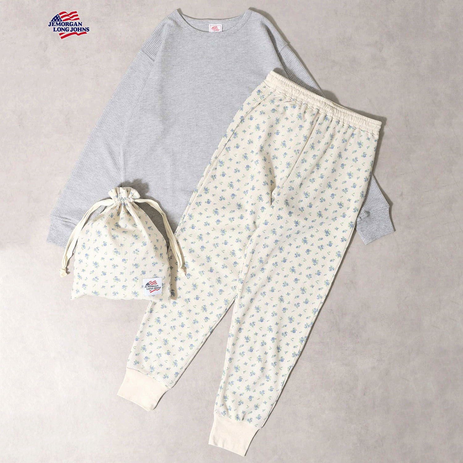 【JEMORGAN LONG JOHNS】 花柄ワッフルルームウェア3点セット - 画像2