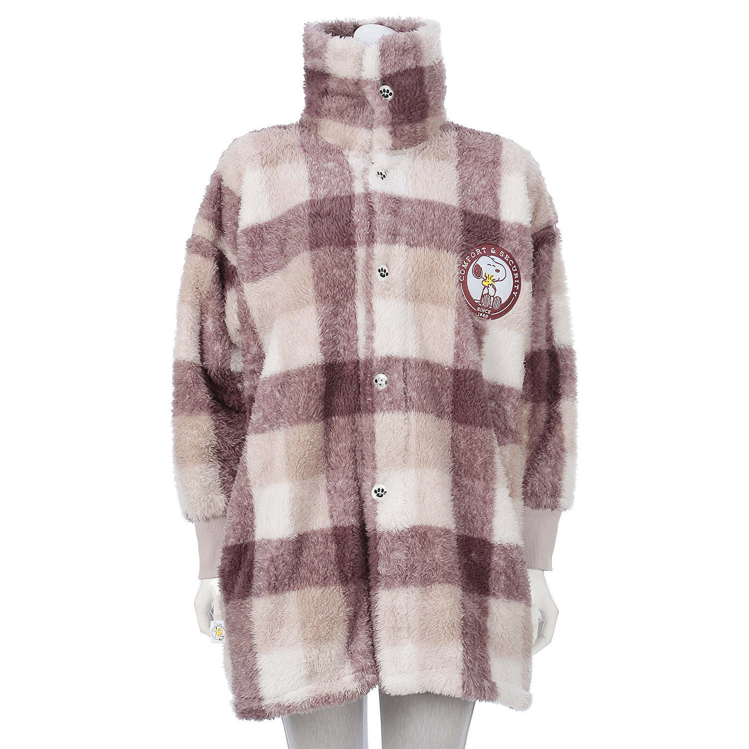 スヌーピー ふわもこ チェック柄スタンド衿ショート丈くるまろん - 画像1