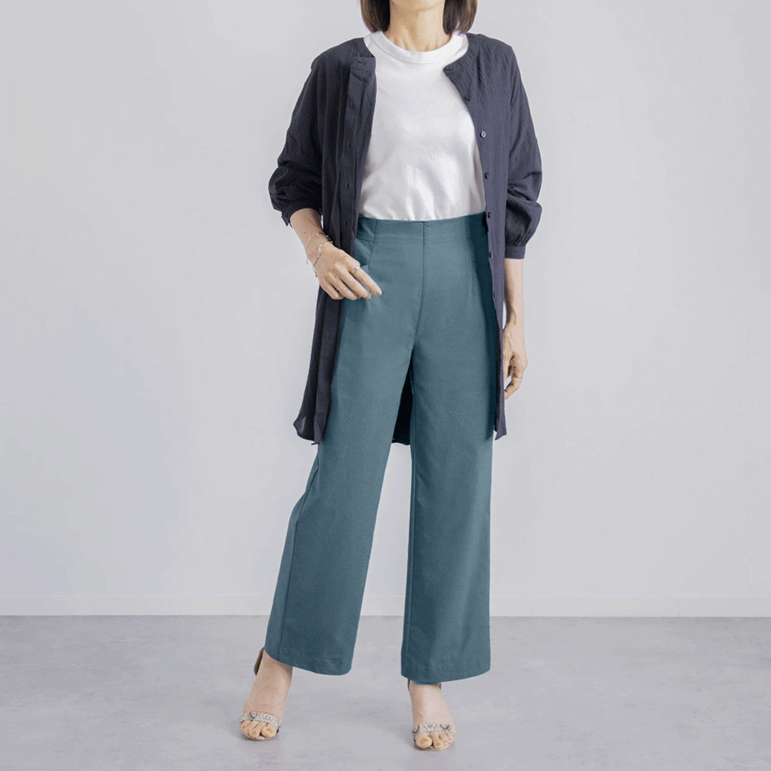 麻混ストレッチデザインワイドパンツ - 画像2