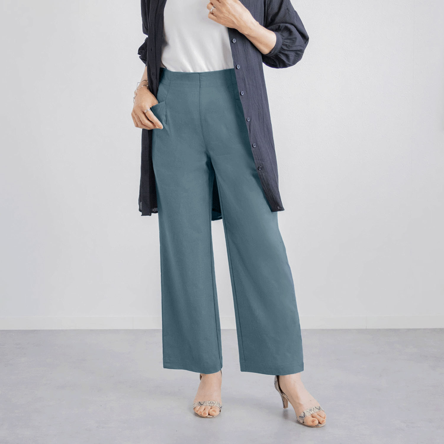 麻混ストレッチデザインワイドパンツ - 画像1