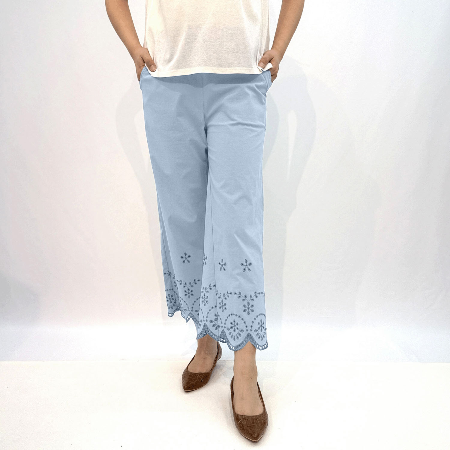 縦ストレッチ スカラップ刺繍パンツ - 画像3