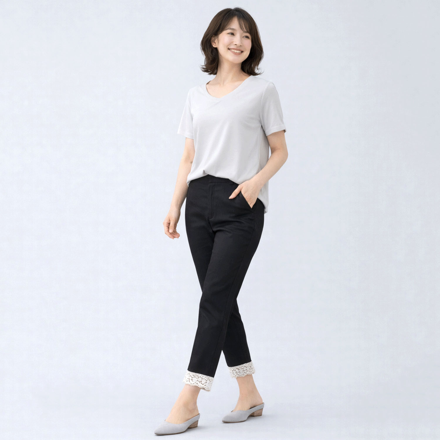 ポリエステルハイテンション 裾レースアンクルパンツ - 画像1