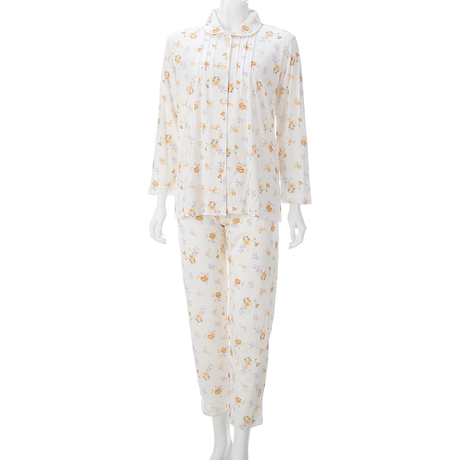 婦人 綿100％天竺 フラワープリント ピンタック 丸襟パジャマ - 画像2