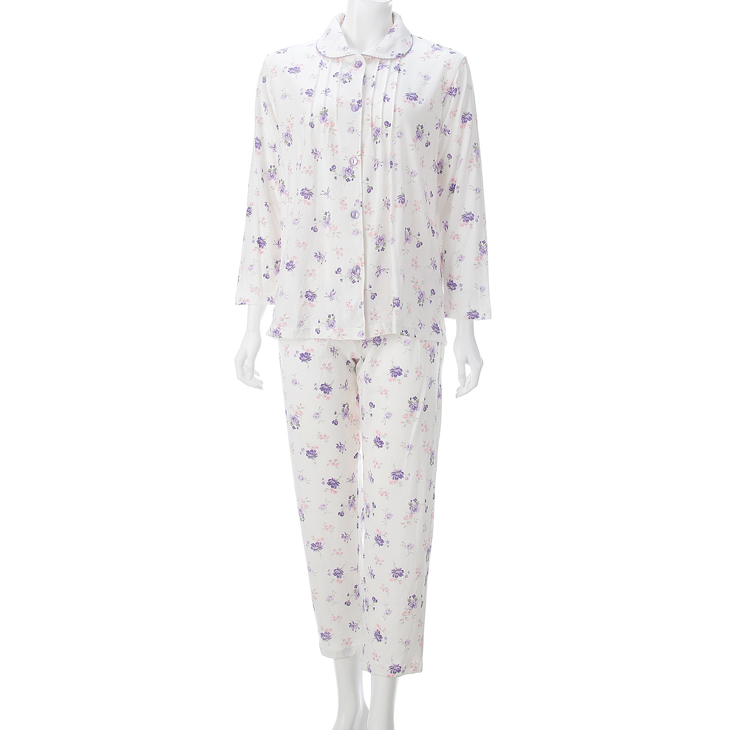 婦人 綿100％天竺 フラワープリント ピンタック 丸襟パジャマ - 画像3