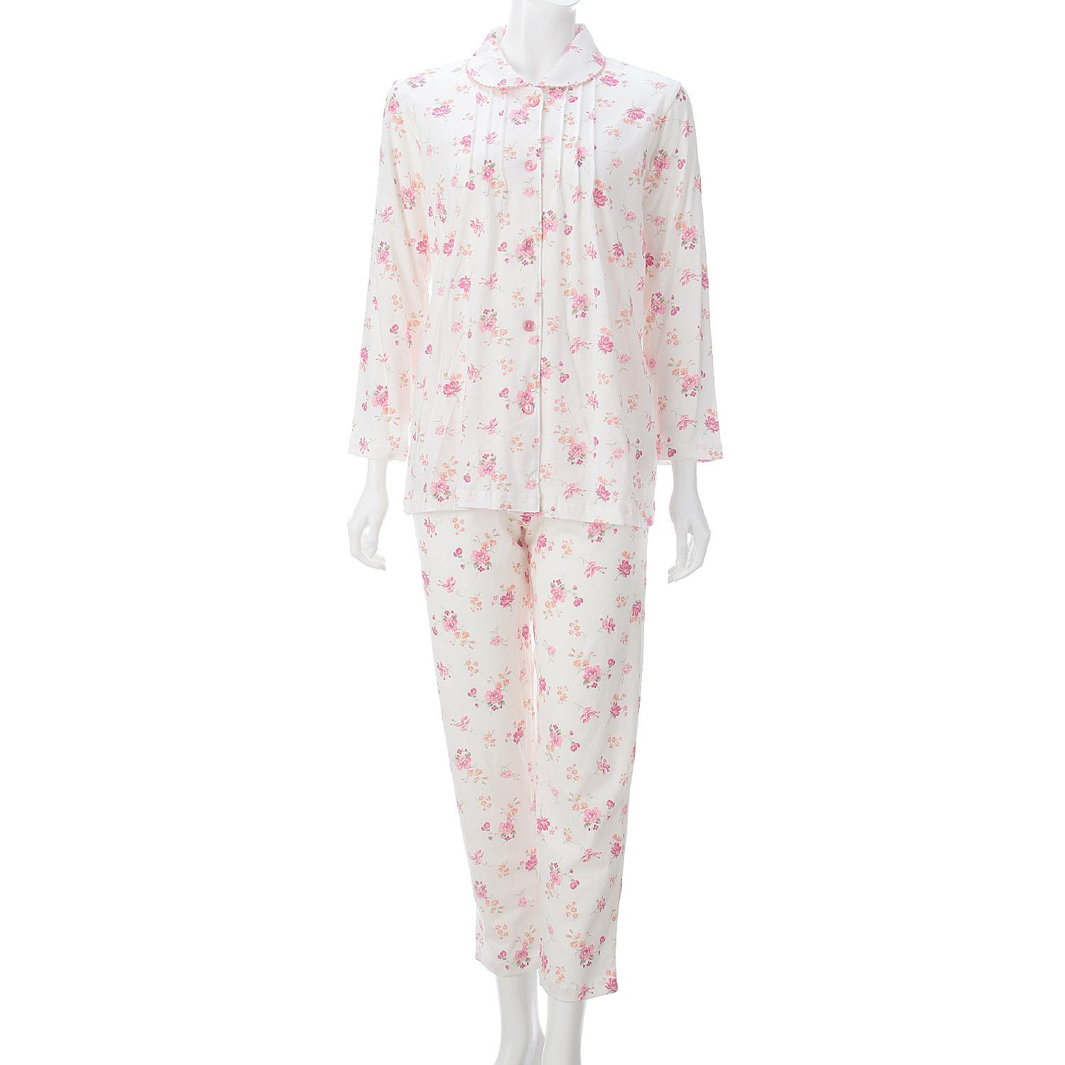 婦人 綿100％天竺 フラワープリント ピンタック 丸襟パジャマ