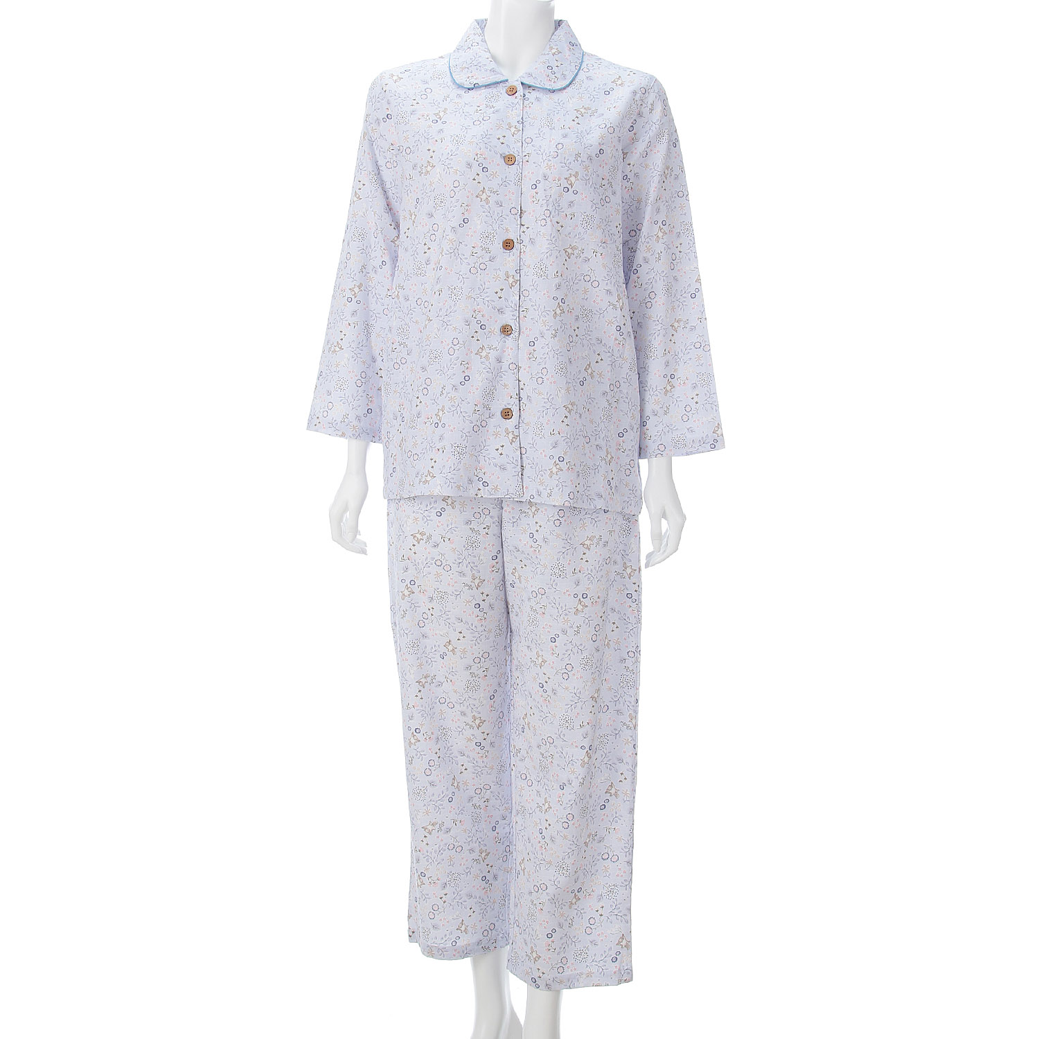 婦人 格子ダブルガーゼ北欧風リーフモモンガ柄丸襟パジャマ - 画像5