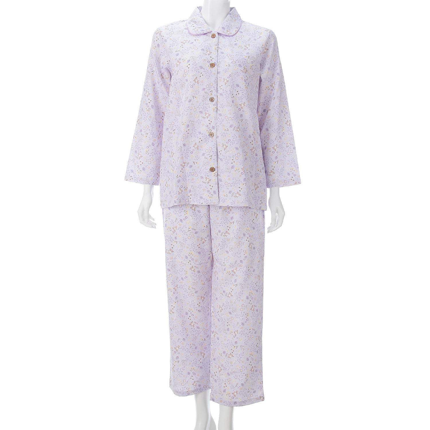 婦人 格子ダブルガーゼ北欧風リーフモモンガ柄丸襟パジャマ - 画像6