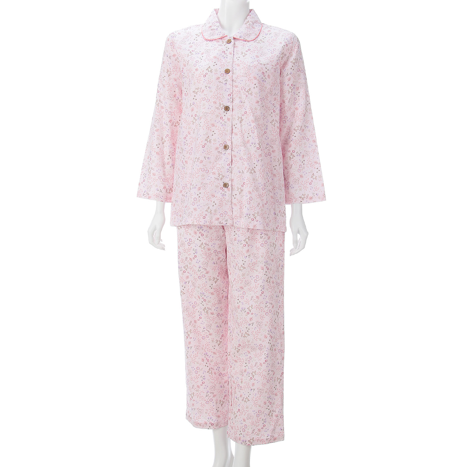 婦人 格子ダブルガーゼ北欧風リーフモモンガ柄丸襟パジャマ