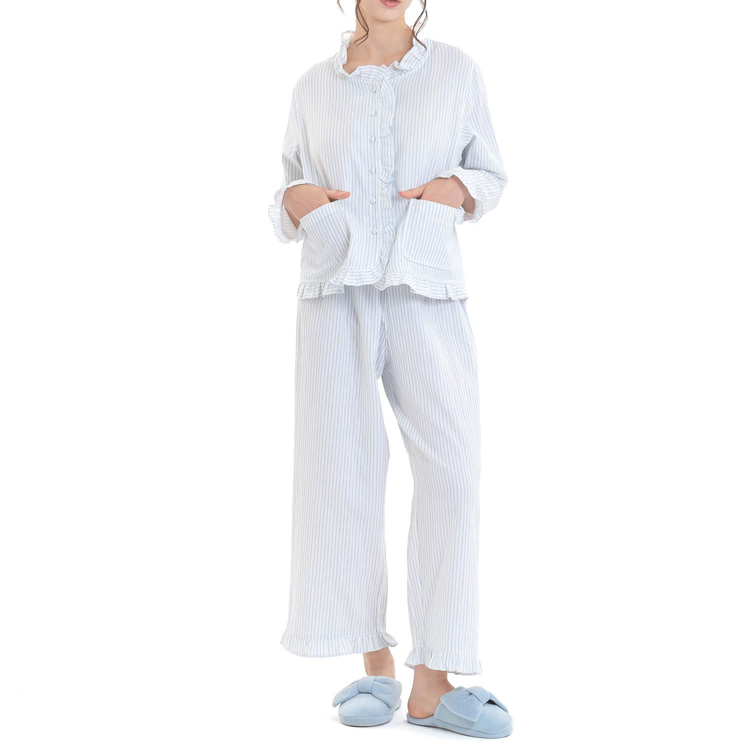 Narue コットンダブルガーゼストライプフリルパジャマ - 画像11