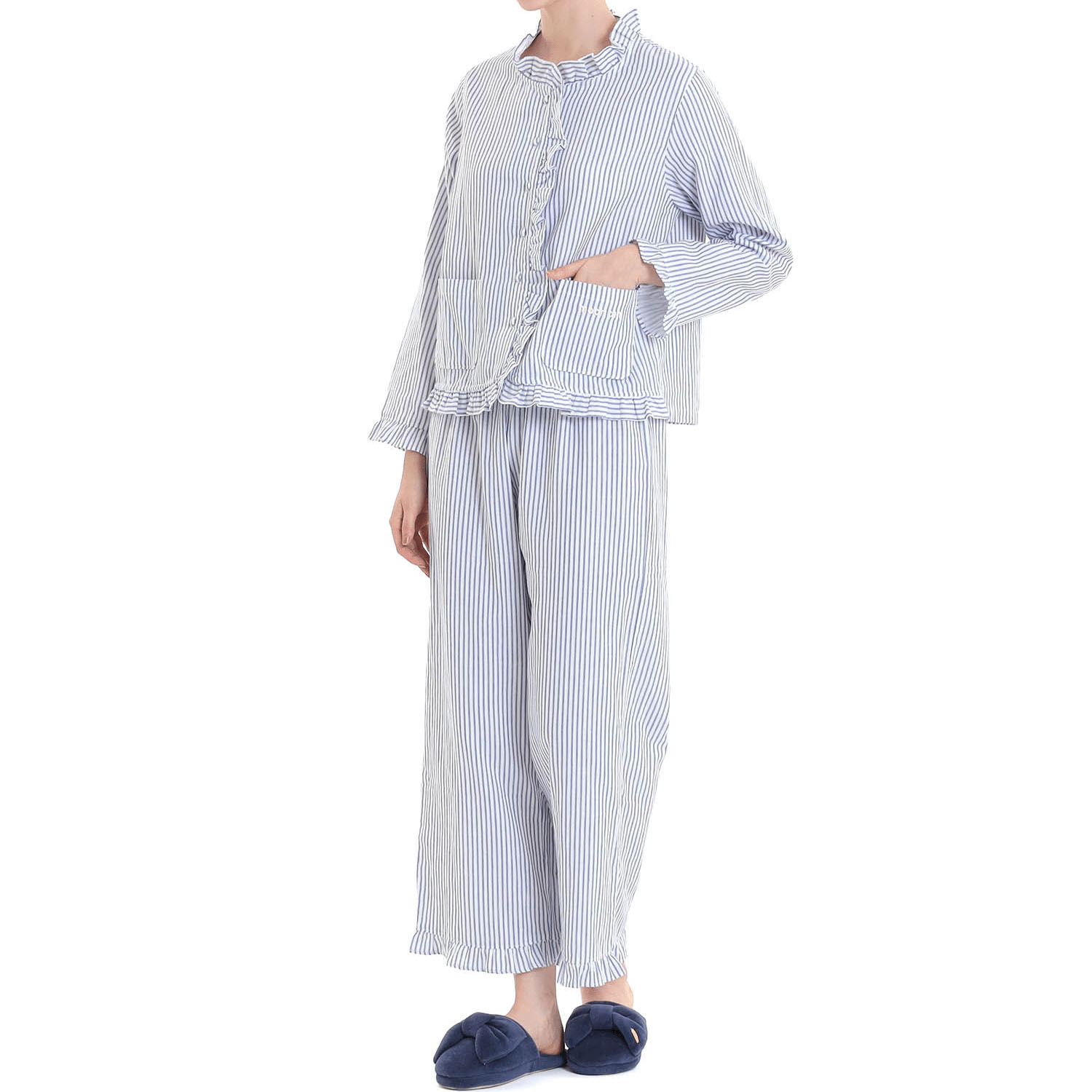 Narue コットンダブルガーゼストライプフリルパジャマ - 画像18