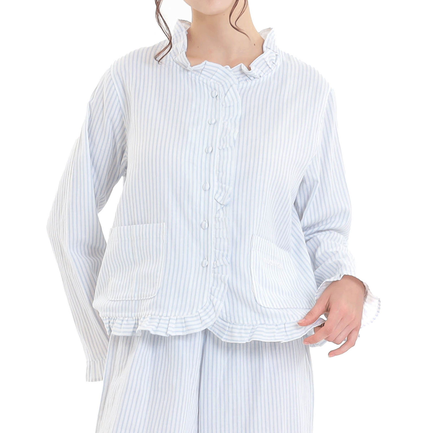 Narue コットンダブルガーゼストライプフリルパジャマ - 画像9