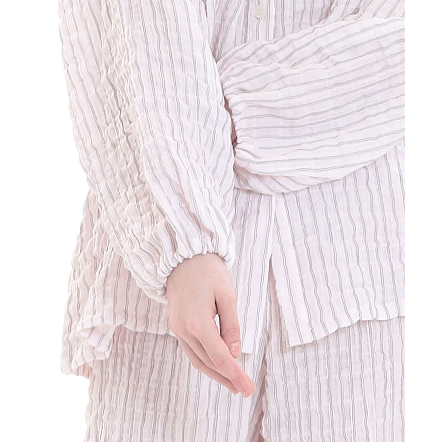 Narue シャーリングダブルガーゼストライプスタンドカラーパジャマ - 画像14